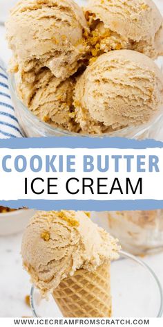 three scoops of cookie butter ice cream in a glass bowl with text overlay