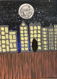 a painting of a night scene with a bird on a fence and the moon in the sky