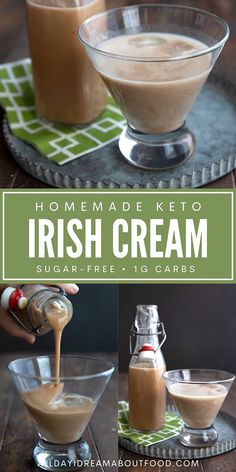 homemade keto irish cream in small glass bowls with caramel sauce being drizzled on top