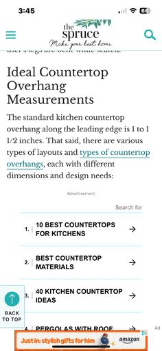 the website for ideal countertop measurements is shown with an orange arrow pointing to it