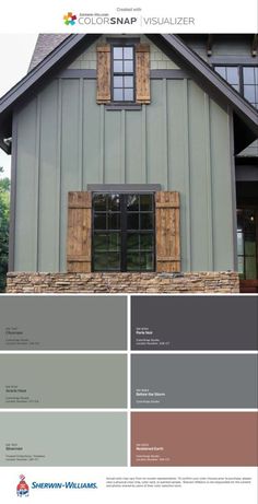 the color scheme for this house is gray and has brown shutters on each side