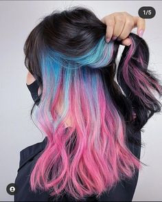 Pink Hair Ideas, Blue And Pink Hair, Hidden Hair Color, Peekaboo Hair Colors, Cotton Candy Hair, Peekaboo Hair, Cute Hair Colors