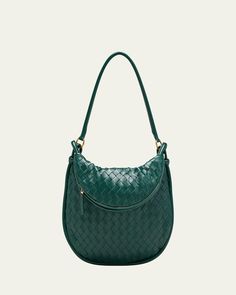 Bottega Veneta "Gemelli" shoulder bag in intrecciato leather     Shoulder strap, 10.2" drop    Zip top closure     Exterior, pouch bag     Interior, one zip pocket     Approx. 9.8"H x 14.1"W x 3.9"D    Made in Italy Intrecciato Weave Satchel Shoulder Bag For Errands, Elegant Bucket Bag With Intrecciato Weave For Errands, Versatile Intrecciato Satchel Shoulder Bag, Versatile Intrecciato Weave Satchel Shoulder Bag, Green Formal Shoulder Bag With Intrecciato Weave, Formal Green Shoulder Bag With Intrecciato Weave, Green Intrecciato Weave Formal Shoulder Bag, Bag Interior, Pouch Bag