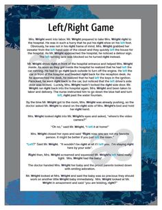 a page from the book left / right game, with blue flowers and leaves on it