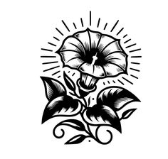 a black and white drawing of a flower with the sun rays coming out behind it