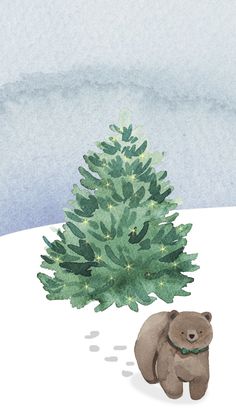 a brown bear standing next to a small christmas tree on top of a snow covered ground