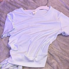 Brand New Trendy Light Wash Crop Top, Blue Crew Neck Crop Top For Spring, Blue Crop Top For Day Out, Blue Crop Top T-shirt For Summer, Blue Short Sleeve Tops For Day Out, Light Blue Short Sleeve Crop Top For Day Out, Light Blue Crew Neck Top For Day Out, Light Blue Tie, Garage Tops