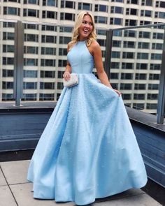 Blue Long Prom Dress, Prom Dresses Long Blue, Formal Ball Gown, Prom Dresses With Pockets, Satin Evening Dresses, Blue Dress Formal, Elegant Prom Dresses, Prom Dresses For Teens, Pearl Dress