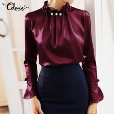 Stand Collar Blouse, Female Office, Party Blouse, Silk Tops, Pattern Dress Women, Flare Long Sleeve, The Office Shirts, Satin Blouses, Pleated Blouse