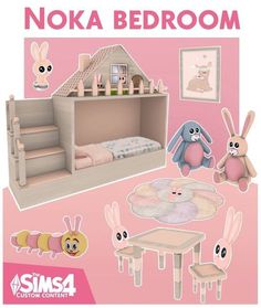 an advertisement for a bed room with stuffed animals