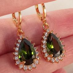 Olive Green Earrings, Olive Green And Gold Wedding, Olive Green Jewelry, Flower Halo, Prom Dance, Peridot Jewelry, Peridot Earrings, Bee Earrings, Tiny Earrings