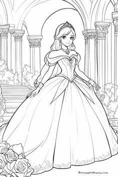 the princess in her dress coloring page for adults and children with roses on the floor