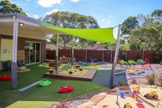 An outdoor sheltered childcare with two sandpits and a lot of equipment on grass floor. Montessori Preschool, Kids Club, Design Your Dream House, Drop Off, Learning Centers, Kids Activities, Early Learning