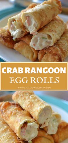 crab rangoon egg rolls stacked on top of each other