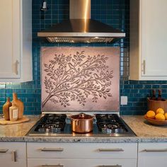 a stove top oven sitting inside of a kitchen next to a wall mounted range hood