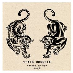 two black and white images of tigers facing each other with the words thai cobra tattoo on them