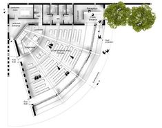 the floor plan for an office building with parking spaces and trees in front of it