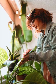 a woman standing in front of a potted plant and looking at her cell phone