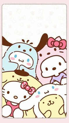 an image of hello kitty and other animals in the same frame with pink bows on their heads