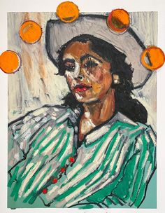 a painting of a woman wearing a hat with oranges on her head and shoulders