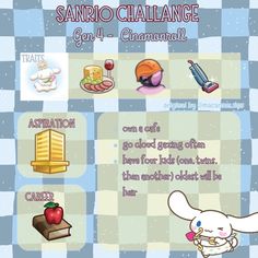 an image of the sanrio challenge game with different items and words on it's screen