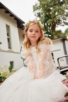 Maxi white tulle flower girl dress with puff sleeves Nellystella Dress, Voluminous Layers, Black Flower Girl Dress, Silk Organza Dress, Girls Communion Dresses, Cotton Silk Dress, Magical Dress, Pink Flower Girl Dresses, Girls Special Occasion Dresses