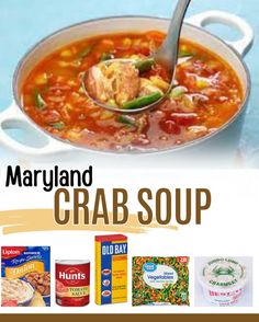 an advertisement for maryland's crab soup is shown in the foreground and on the right