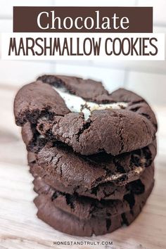 chocolate marshmallow cookies stacked on top of each other with the title overlay