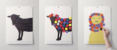 three posters with different animals on them, one is colored and the other has dots