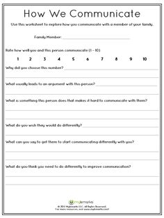 Communication between family members is important for building healthy relationships. Help children learn how to communicate well with this worksheet. For parents, counselors, or others working with youth. Visit mylemarks.com for more information! #family #therapy #communication Communication Worksheets, Couples Therapy Worksheets, Relationship Worksheets, Communication Activities, Counseling Worksheets, Family Communication