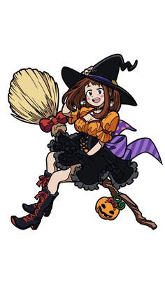 a woman dressed as a witch flying on a broom with a pumpkin in her hand