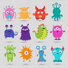 cartoon monsters with different colors and sizes