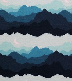 an abstract painting of mountains and moon in the sky with blue hues on them