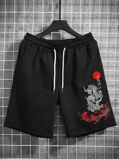 Black Casual Collar  Fabric Animal,Letter Track Shorts Embellished Slight Stretch Summer Men Clothing Japanese Letter, Dragon Graphic, Hype Clothing, Metallic Shorts, Track Shorts, Floral Print Shirt, Shorts Casual, Style Noir