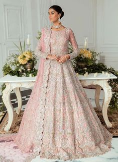 Pink Lehenga Gown And Dupatta Pakistani Bridal Dress Pink Indian Wedding Dress, Pink Indian Wedding, Akbar Aslam, Desi Wedding Dresses, Nikkah Dress, Asian Wedding Dress, Pink Wedding Dresses