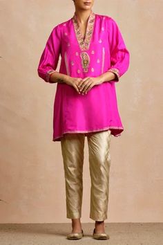 Shop for Sue Mue Pink Embroidered Silk Tunic for Women Online at Aza Fashions Stylish Tunic Tops, Tunics Online, Embroidered Motifs, Pink Embroidery, Pink Tunic, Silk Tunic, Embroidered Tunic, Fabric Silk, Pink Silk