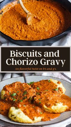 biscuits and chorizzo gravy in a cast iron skillet