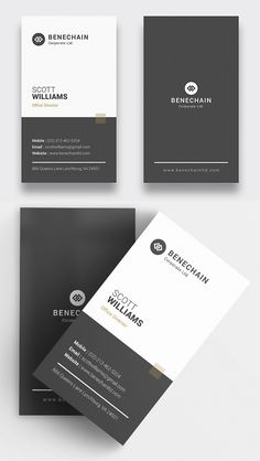 three black and white business cards on top of each other, with the same color scheme