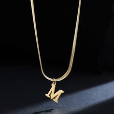 Snake Chain Initial Letter Necklace A-Z Alphabet Pendant 18K Gold | LABONNI Letters Chain Necklace, Celine Necklace, Gold Collar Necklace, Trendy Necklaces, Chains Necklaces, Letter Pendants, Stainless Steel Pendant, Initial Letter, Collar Jewelry