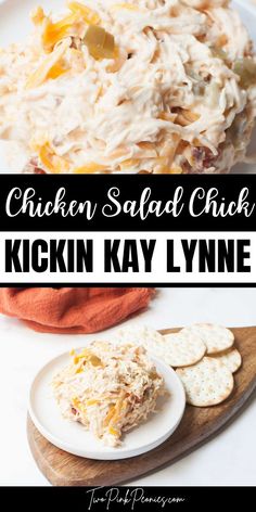 Text that says Chicken Salad Chick Kickin’ Kay Lynne above and below are images of chicken salad. The below image also shows crackers and the chicken salad on a plate which is on a wooden tray. Kickin Kay Lynne Chicken Salad, Chicken Salad Chick Recipe Copycat, Sriracha Bacon, Chicken Salad Chick Recipe, Chicken Salad Chick, Pickled Jalapenos, Chicke Recipes, Chicken Salad Recipe Easy, Chicken Salad Recipe