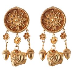 Pair of iconic 22k yellow gold earrings by Ilias Lalaounis of Greece, depicting acorn and bull. The earrings are 1 5/8" long x 0.75" wide. Hallmarked k22. Weight - 21 grams. 21 Grams, Yellow Gold Earrings, Yellow Gold Earring, Jewelry Earrings Dangle, Gold Earrings, Greece, Dangle Earrings, Jewelry Earrings, Yellow Gold