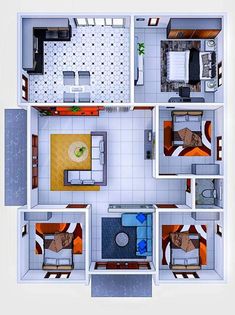 an overhead view of a three bedroom apartment