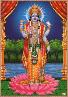 the hindu god is standing on top of a lotus flower in front of a body of water