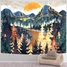 a tapestry hanging on the side of a wall next to a chair