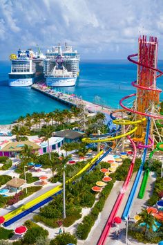 an aerial view of the water park and cruise ship