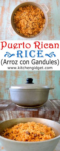 a bowl filled with rice next to a pot full of rice and the words puerto rican rice