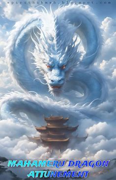 a white dragon with red eyes is flying in the sky above clouds and pagodas