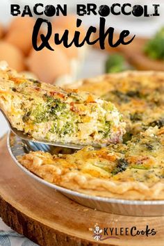 bacon broccoli quiche with text overlay