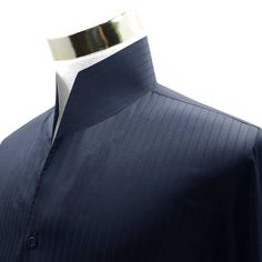 "Men's High Open V Collar Navy Blue Pin Stripes, Hairline Stripes, Standing Stripes, Vertical Stripes 100% Cotton Long Sleeves Dress Shirt MADE-TO-ORDER CLOTHES Shirt Style: Karl Lagerfeld Style/ High Chinese Mandarin Collar/ High Open V Collar Collar Style: 3\" High Stiff Buttonless Collar Pockets: Without pocket (Chest pocket can be added on request) Fabric: 100% Giza cotton soft & comfortable fabric Sleeves: Full Sleeves/ Long Sleeves Fine stitched (20-21 stitches per inch) Cleanly finished buttonholes Flat Felled Seams Hand cut and sewed individually High-quality tailoring Savile Row / British style collar Cuff: 4\" wide single cuff, with 3 buttons These shirts are made with a single cuff. For the double cuff, please leave us a message. * The shirts are made on order in our family-run Collar Bars For Men, Menswear Casual, Karl Lagerfeld Fashion, Casual Grooms, High Collar Shirts, Open Collar Shirt, Banded Collar Shirts, Vintage Shirt Dress, Long Sleeve Cotton Dress