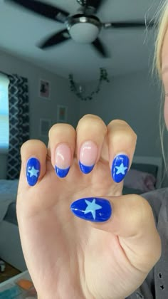 nail inspo | acrylic nail ideas | blue nails | french tips | fake nails | stars | summer | almond Blue Nails French, Nail Ideas Blue, Nail Art Creative, Nail Inspo Acrylic, Nails Stars, Nails French Tips, Boring Nails, Preppy Nails, Hoco Nails